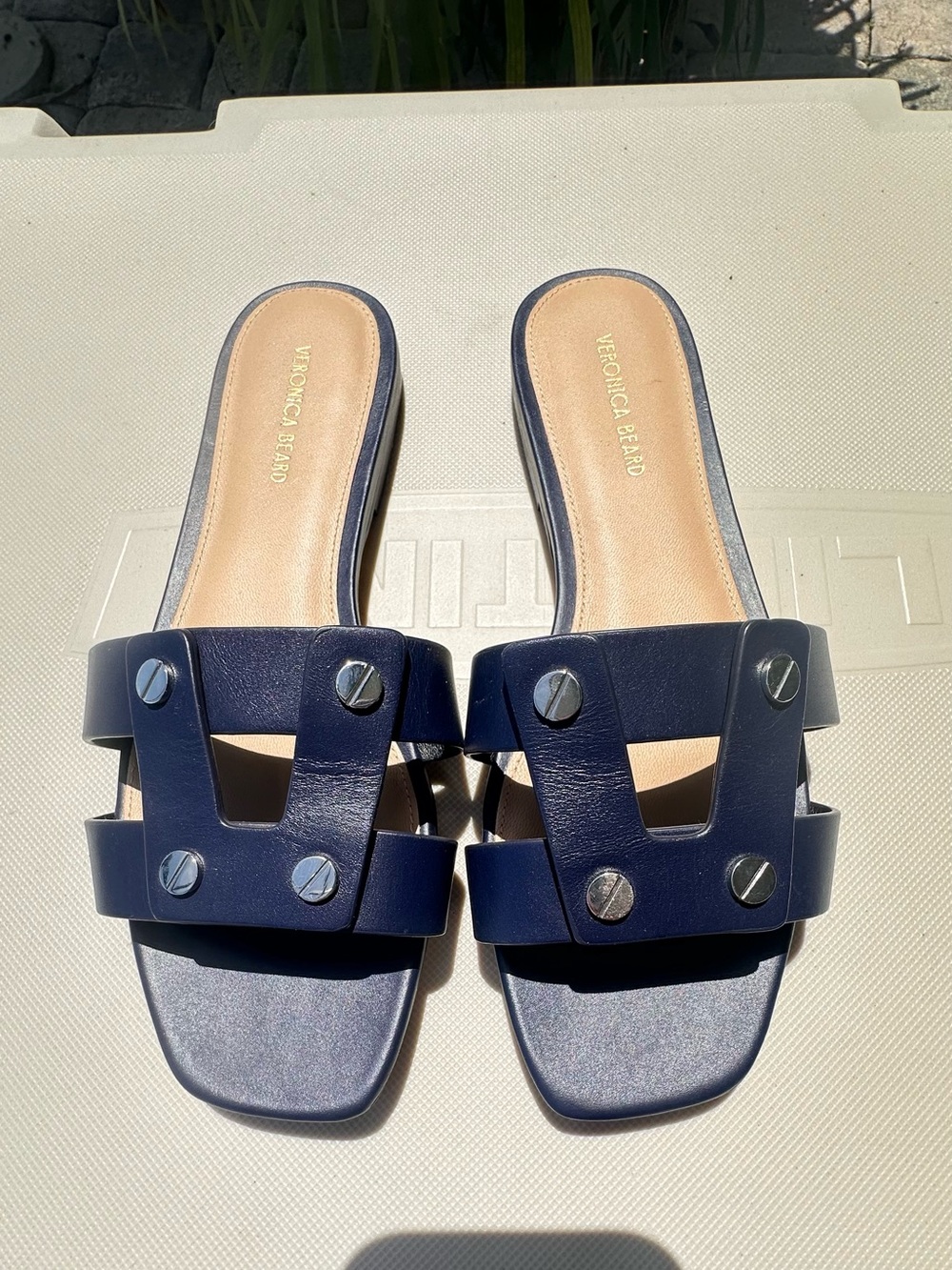 Veronica Beard Navy Studded Double-Strap Slide Sandals